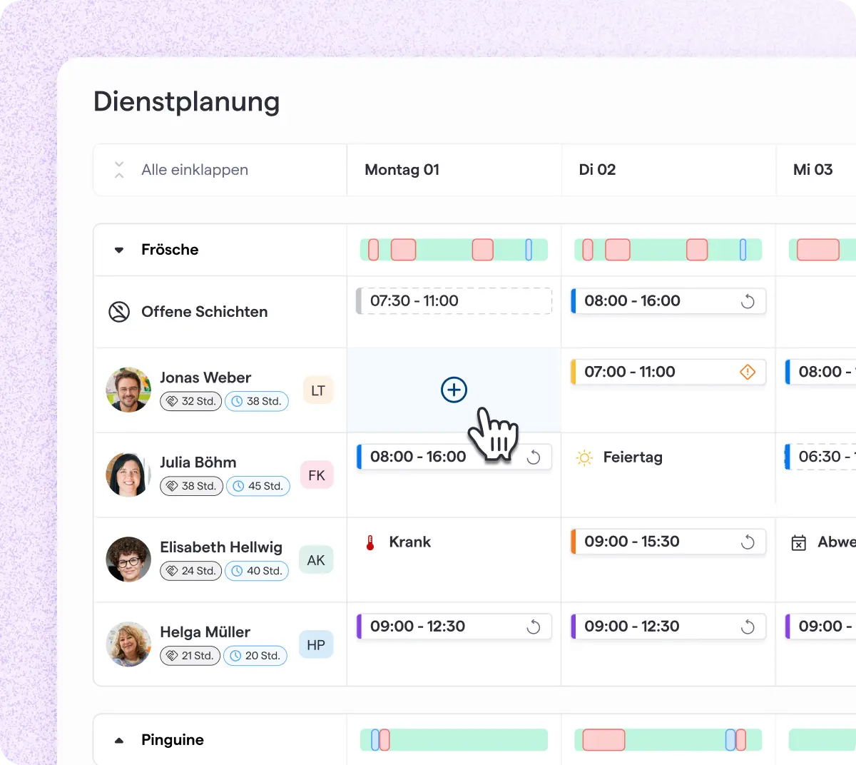 Benutzeroberfläche einer Kita-Management-Software zur digitalen Dienstplanung mit übersichtlichem Kalender und Schichtverwaltung. Sichtbare UI-Elemente umfassen farbige Zeitpläne, Mitarbeitereinträge, Navigationsleisten und Funktionen zur Organisation von Arbeitszeiten im Kindergartenalltag.