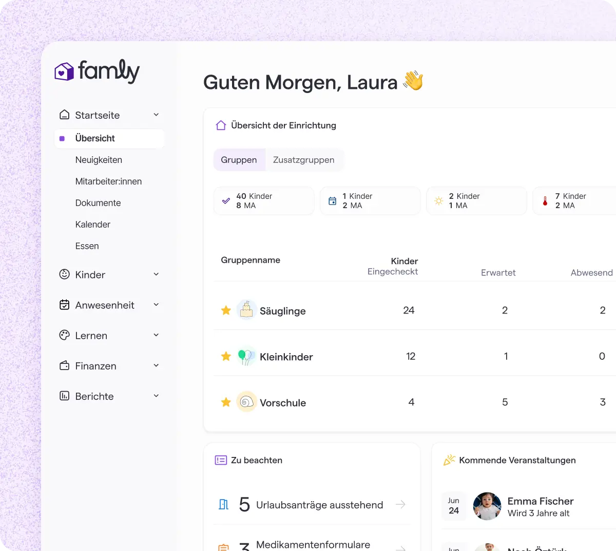 Benutzeroberfläche für die tägliche Verwaltung in einer digitalen Kita-Plattform mit übersichtlichem Dashboard und Organisationsfunktionen. Sichtbare UI-Elemente umfassen Aufgabenlisten, Kalenderansichten, Statusanzeigen, Navigationsmenüs und Verwaltungsbereiche für den pädagogischen Alltag.