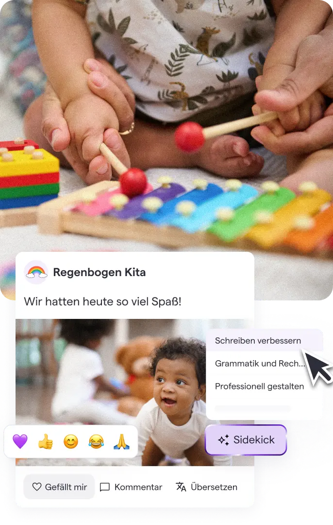 Nahaufnahme eines Kindes beim Spielen auf einem bunten Holzxylophon mit Unterstützung durch Erwachsene. Sichtbare UI-Elemente umfassen einen Beitrag mit Emoji-Reaktionen, Schaltflächen für „Gefällt mir“, „Kommentar“ und „Übersetzen“ sowie ein KI-Menü zur Verbesserung und Übersetzung von Texten.