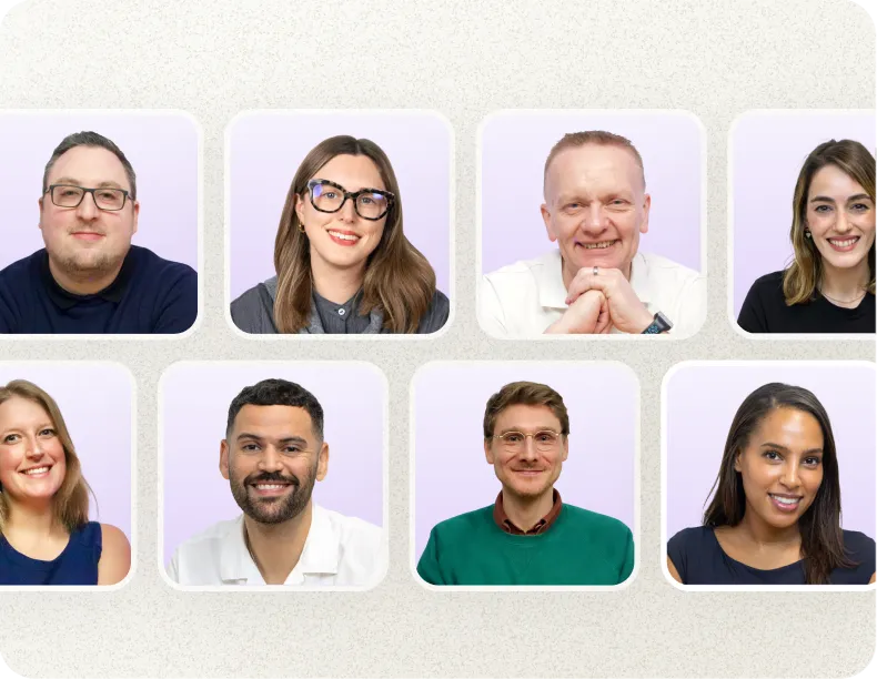 A grid of eight smiling Famly team member headshots on a light purple background, representing the personal onboarding support team.