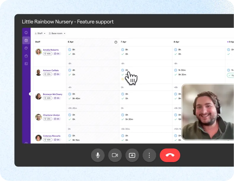 Famly app staff scheduling interface for Little Rainbow Nursery shown during a screen-share support call, with a Famly support agent visible via video overlay.