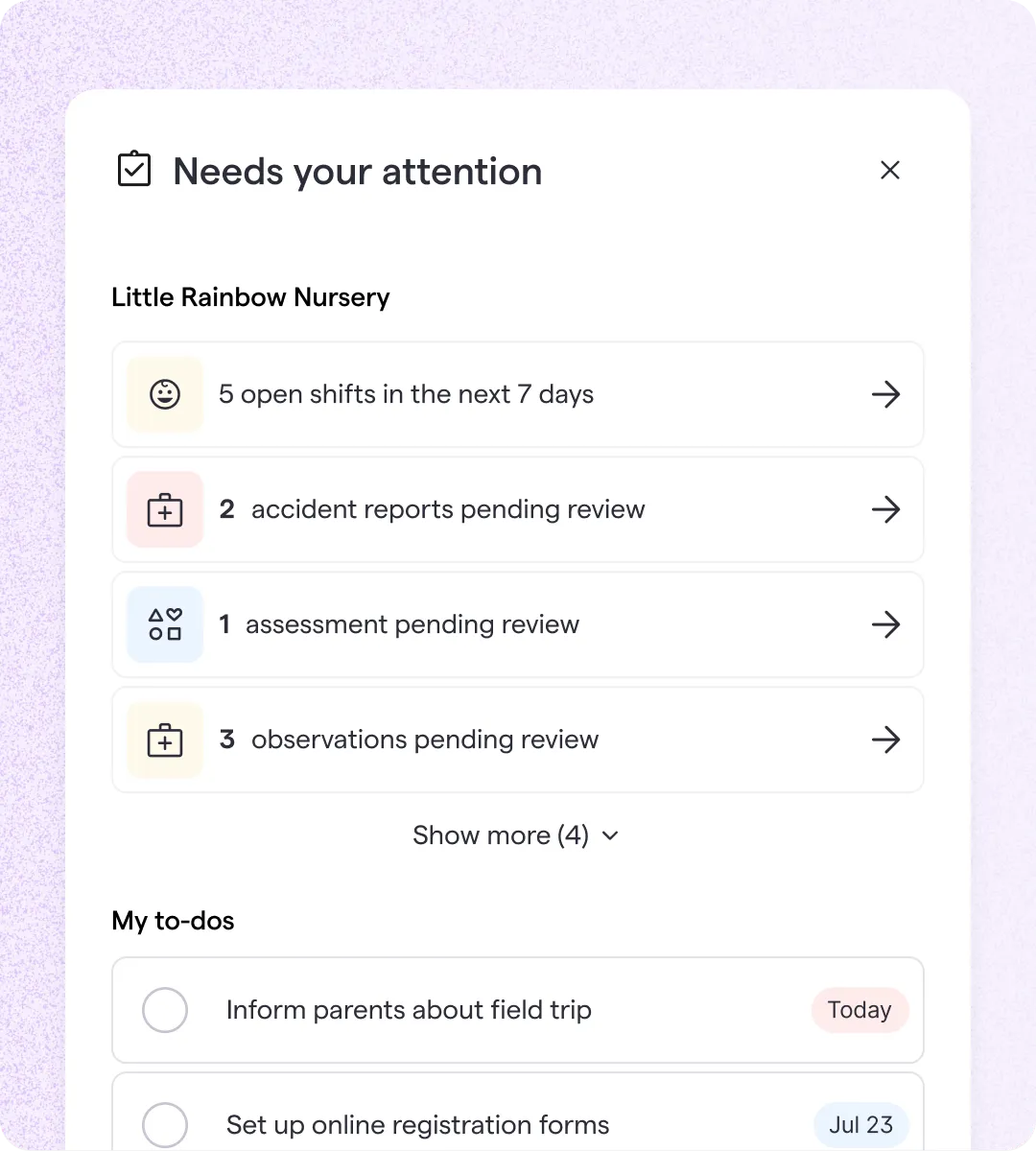 Famly app "Needs your attention" panel for Little Rainbow Nursery listing 5 open shifts, 2 accident reports, 1 assessment, and 3 observations pending review, plus personal to-dos.