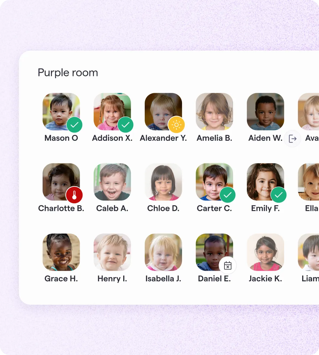 Famly app sign-in view for the Purple room showing a grid of children's profile photos with attendance status indicators including signed in, on holiday, and sick.