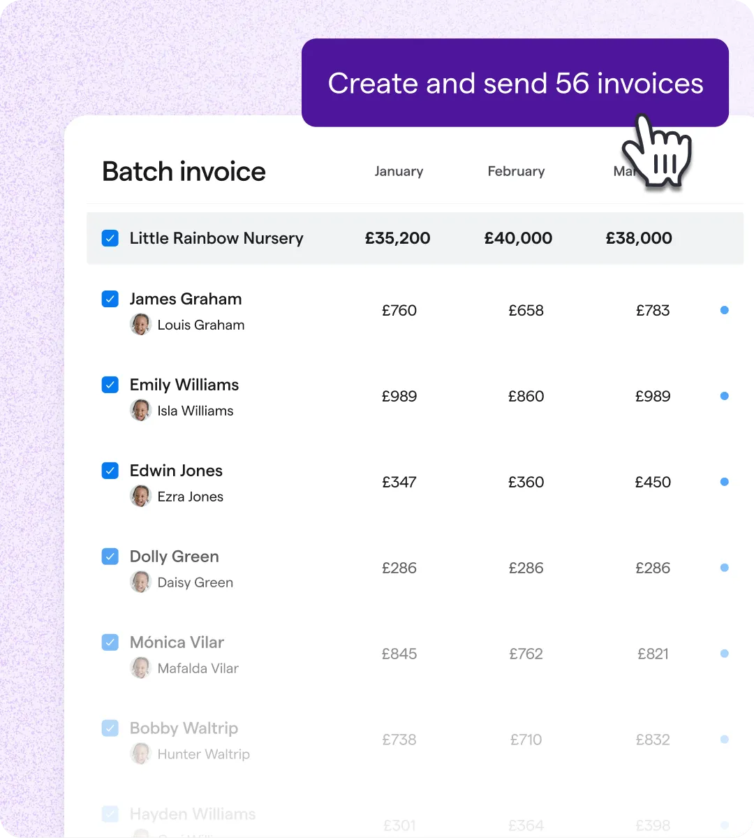 Famly app batch invoicing screen with a "Create and send 56 invoices" button above a list of parent accounts with monthly invoice amounts in GBP.