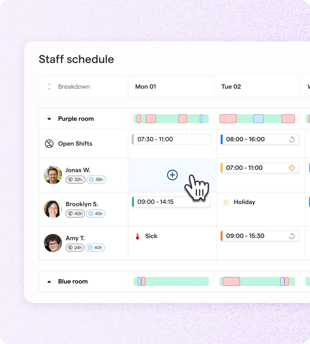 Famly app staff schedule showing shift times, holiday, and sick status for staff members Jonas, Brooklyn, and Amy across the Purple and Blue rooms.