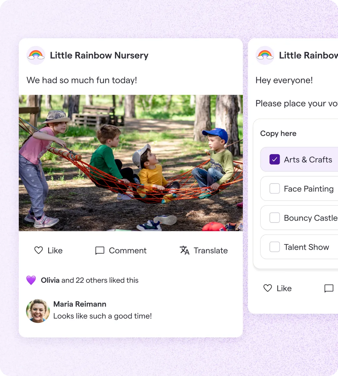 Famly app newsfeed showing a nursery post with children playing in a hammock, alongside a parent poll card with activity options including Arts & Crafts and Face Painting.