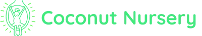 Coconut Nursery logo with a green illustrated lightbulb icon and the nursery name in bright green text on a black background.