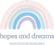 Hopes and Dreams Montessori Nurseries logo featuring a pastel rainbow arc above the nursery name in lowercase text.