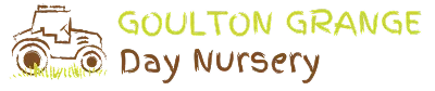 Goulton Grange Day Nursery logo with yellow-green text and a brown illustrated tractor icon on a dark background.