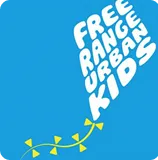 Free Range Urban Kids logo with bold white text on a bright blue kite shape, with small yellow decorative elements at the bottom.