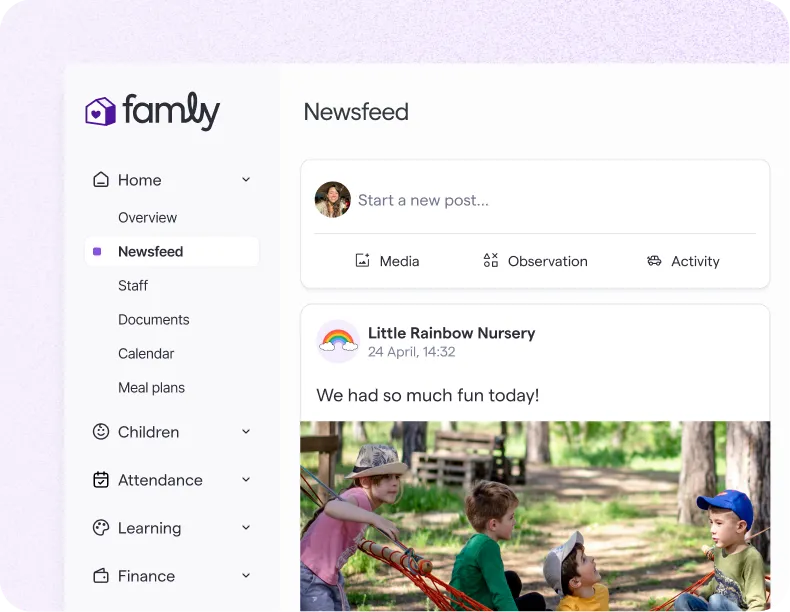 Newsfeed interface of Famly app showing a post with children playing outdoors in a hammock.