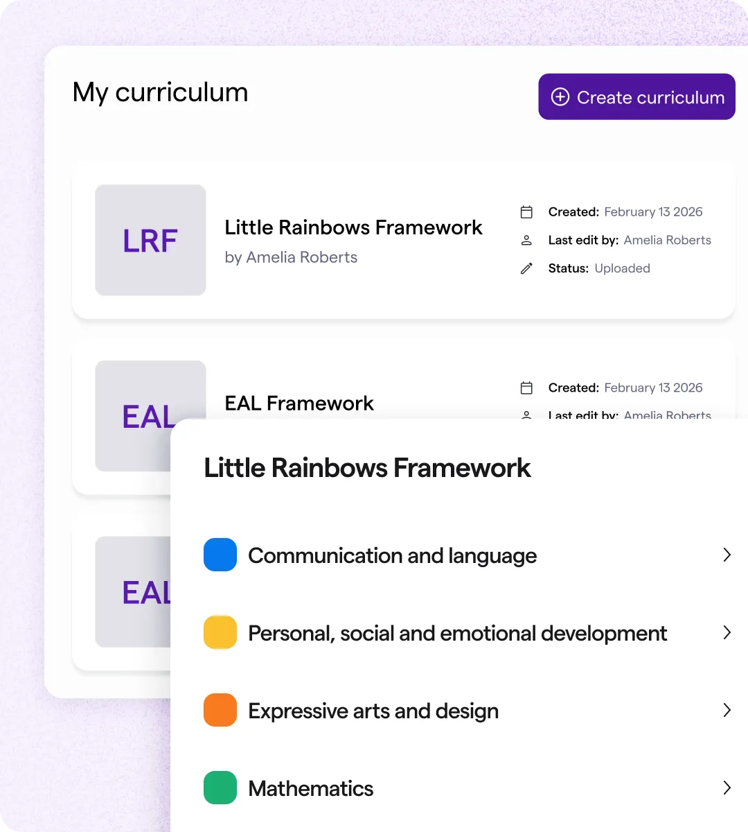 Curriculum list showing Little Rainbows Framework and its categories like communication, arts, and mathematics.