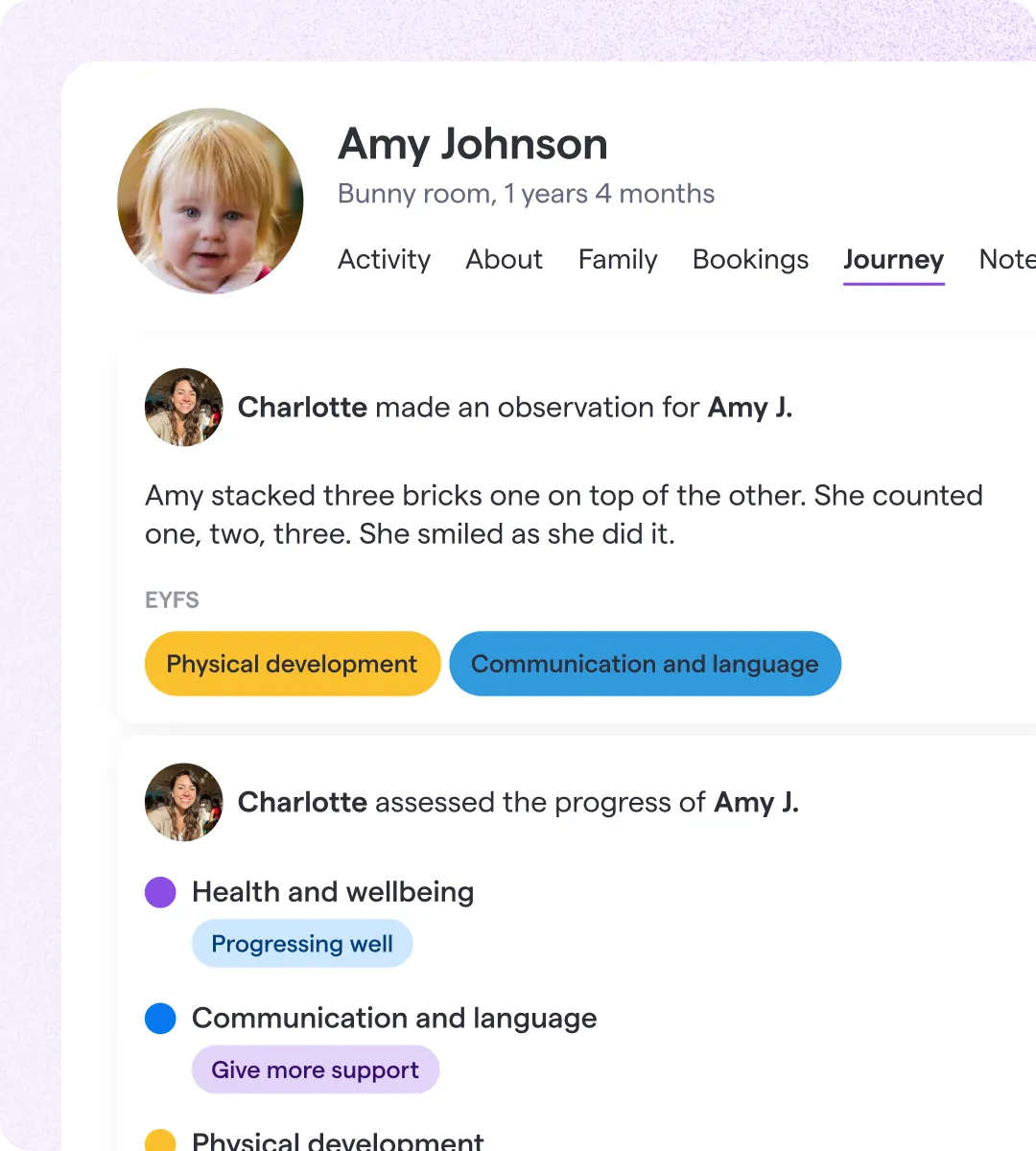 Child profile for Amy Johnson, 1 year 4 months, showing observations and progress in physical and communication skills.