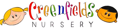 Logo for Greenfields Nursery with colorful text and smiling cartoon children on each side.