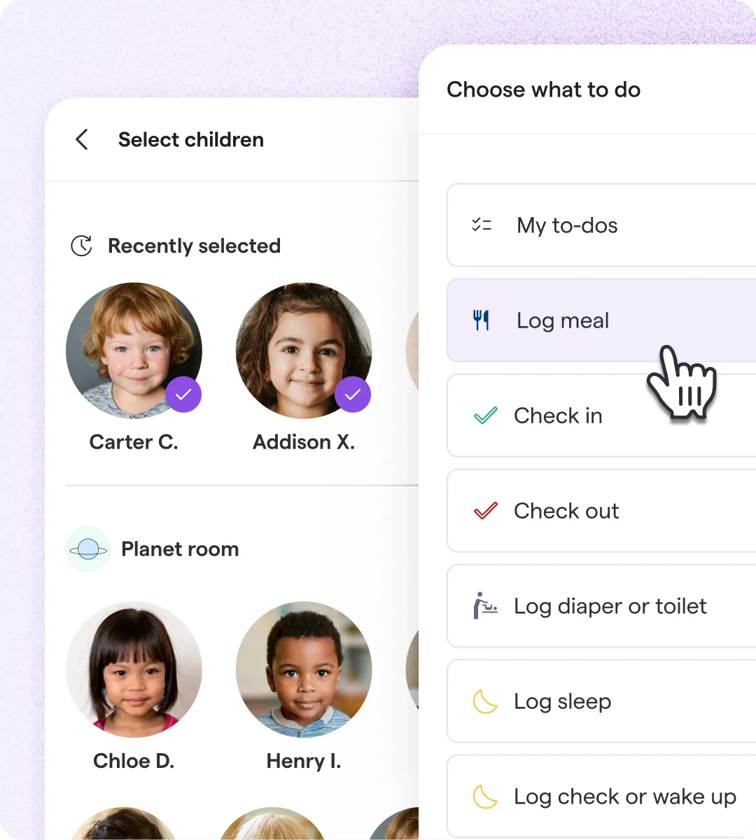 App screen showing selected children profiles and task options including log meal, check in, check out.