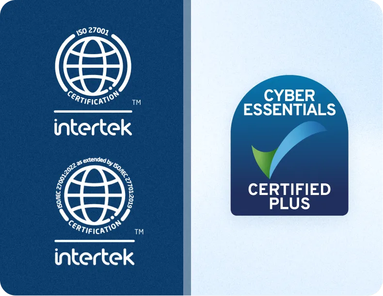 Two Intertek ISO certification logos on left and Cyber Essentials Certified Plus badge on right.