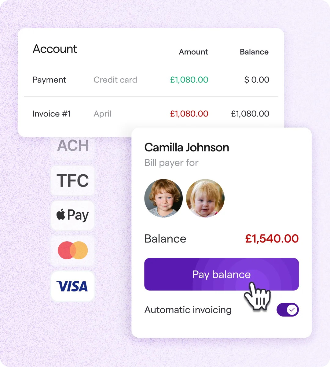 Payment and invoice details with payment options and a balance payment interface for Camilla Johnson.