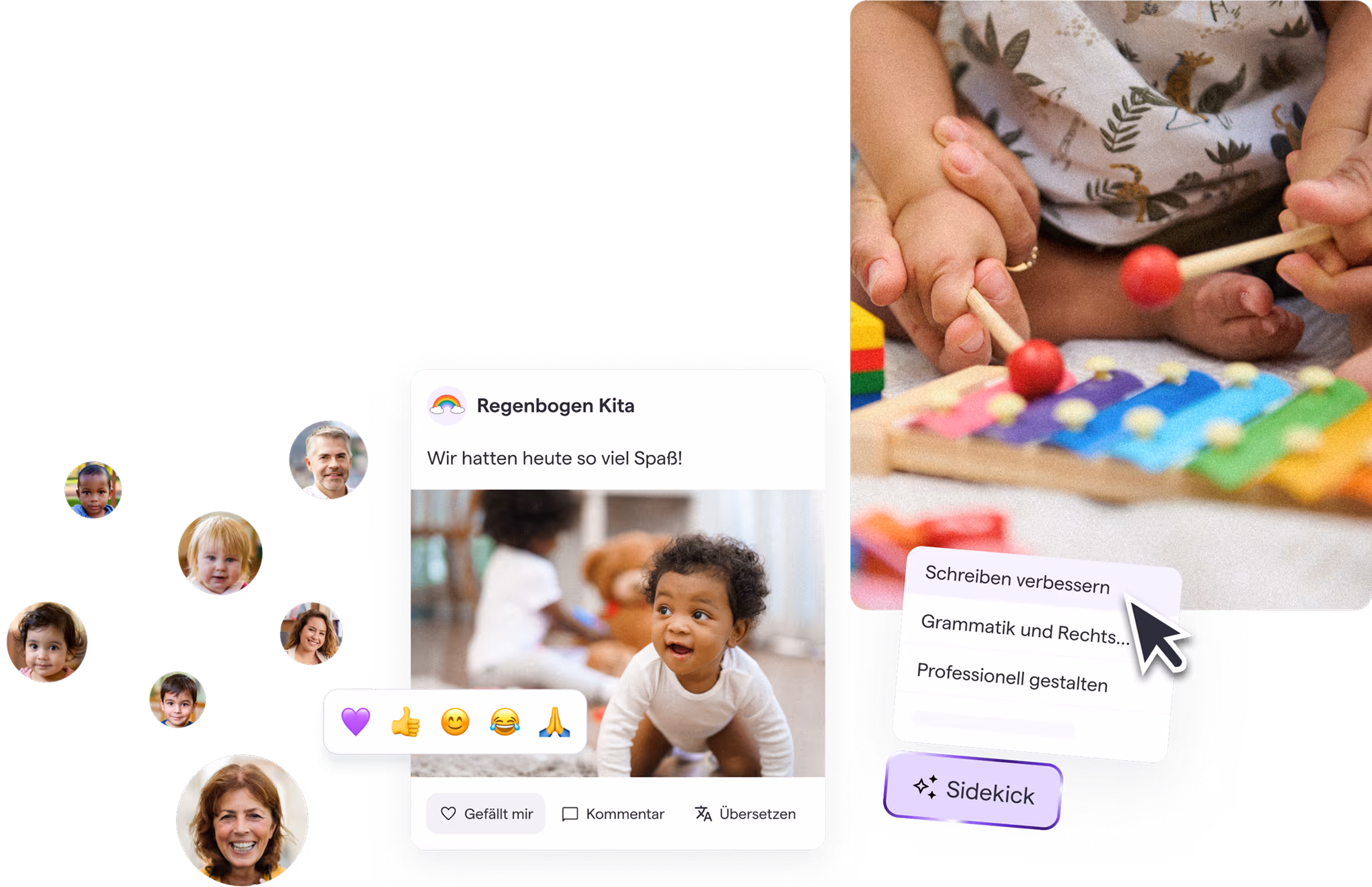 Eine Gruppe lächelnder Menschen unterschiedlichen Alters auf der Startseite einer Software zur Verwaltung von Kindertagesstätten mit einer modernen Benutzeroberfläche. Zu den sichtbaren UI-Elementen gehören Navigationsmenüs, Call-to-Action-Schaltflächen, Textfelder und ein übersichtliches Dashboard-Design für die Verwaltung, Kommunikation und Organisation im täglichen Kita-Alltag.