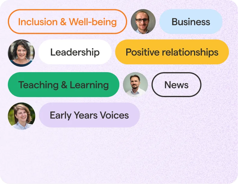 Famly blog category tags including Inclusion & Well-being, Business, Leadership, Positive relationships, Teaching & Learning, News, and Early Years Voices.