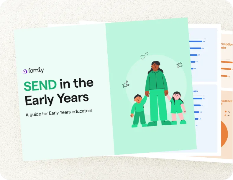 Cover of Famly's SEND in the Early Years guide for Early Years educators, with an illustration of an educator holding hands with two young children.