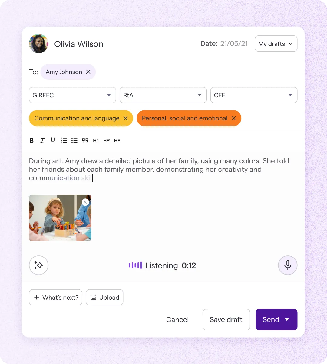 Famly observation form for Amy Johnson with Communication and language and Personal, social and emotional tags applied, and a voice recording in progress at 0:12.