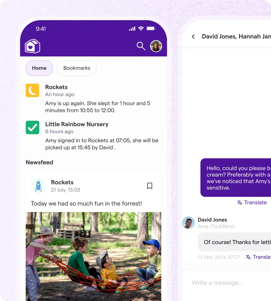 Famly parent home feed showing nursery notifications about Amy's sleep and sign-in, alongside an open message thread with a staff member about sun cream.