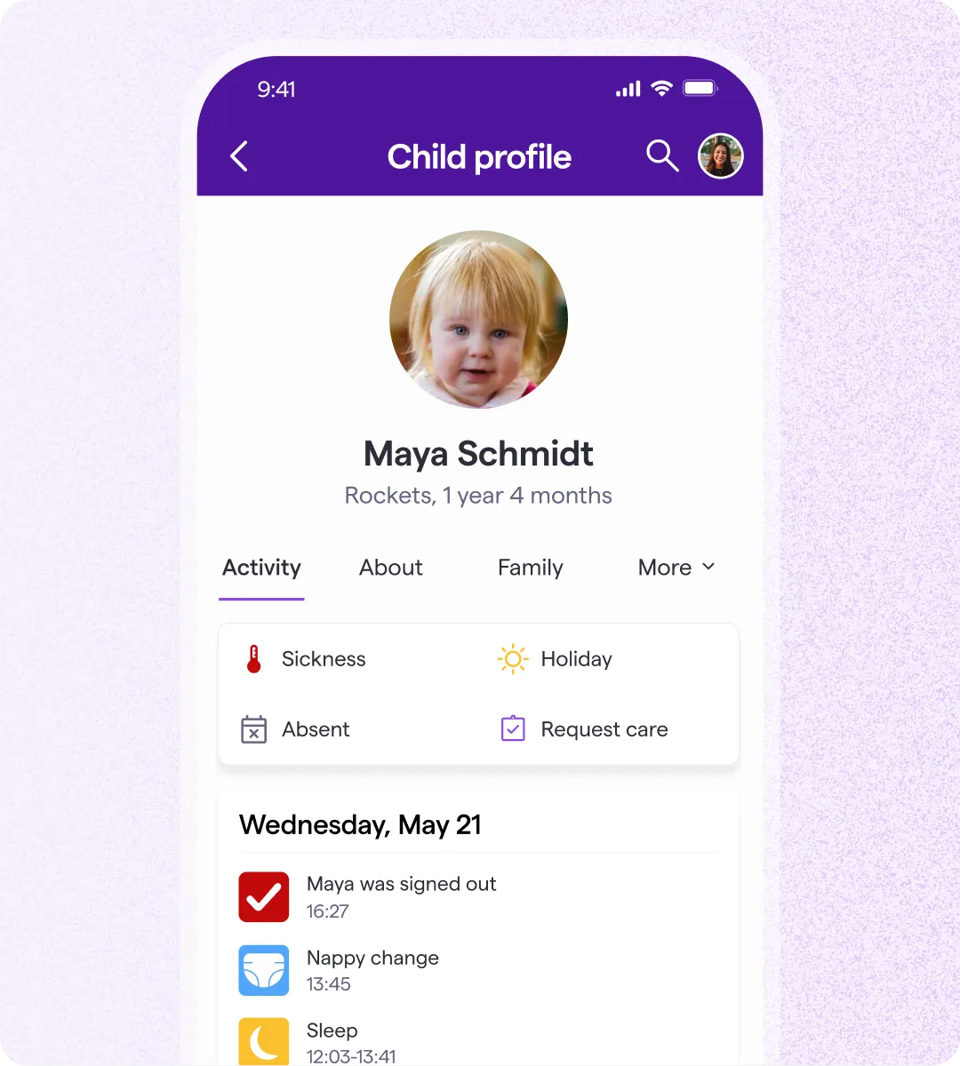 Maya Schmidt's child profile in Famly (Rockets room, 1 year 4 months) showing a daily activity log with sign-out, nappy change, and sleep entries for Wednesday, May 21.