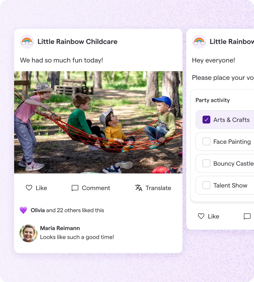 Famly app newsfeed showing a childcare post with children playing in a hammock, alongside a parent poll card with activity options including Arts & Crafts and Face Painting.