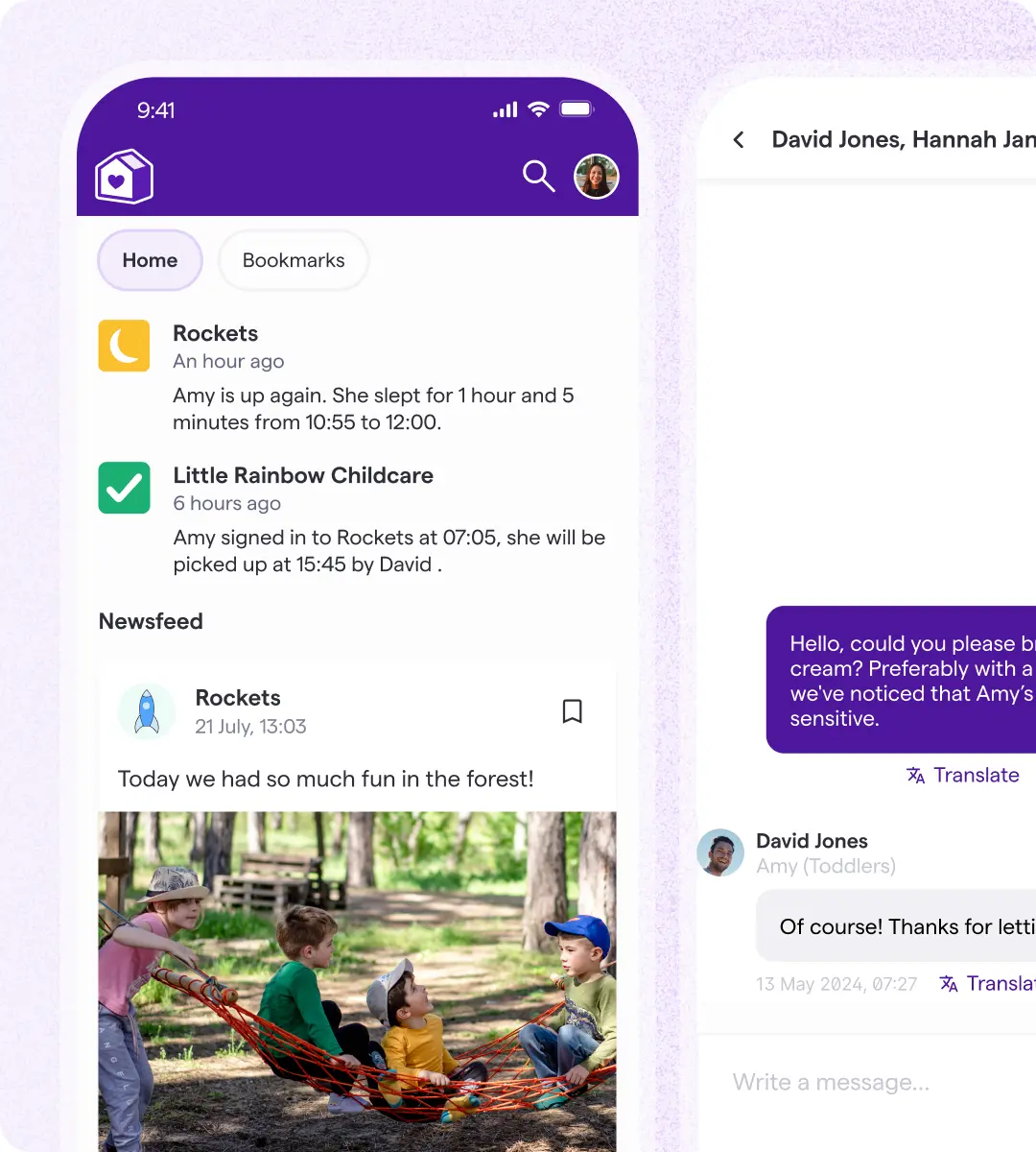 Famly parent home feed showing childcare notifications about Amy's sleep and sign-in, alongside an open message thread with a staff member about sun cream.