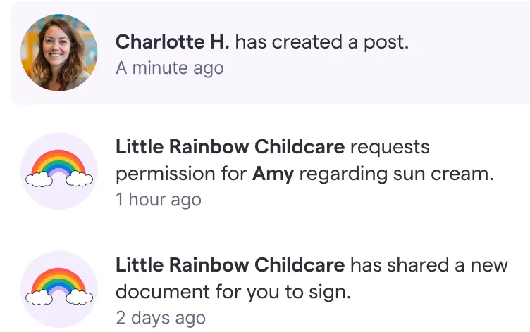 Parent notification feed in Famly with three recent updates: a new post from an educator, a sun cream permission request from Little Rainbow Childcare, and a document from Rainbow Childcare awaiting signature.