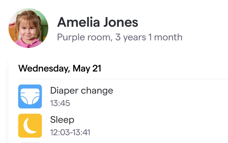 Amelia Jones's daily activity log in Famly (Purple room, 3 years 1 month) with a diaper change at 13:45 and sleep from 12:03 to 13:41 on Wednesday, May 21.