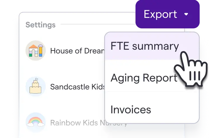 Dropdown menu under Export button with options: FTE summary, Aging Report, Invoices, cursor selecting FTE summary.