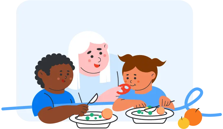 illustration af børnehavepersonale, der passer børn, mens de spiser frokost