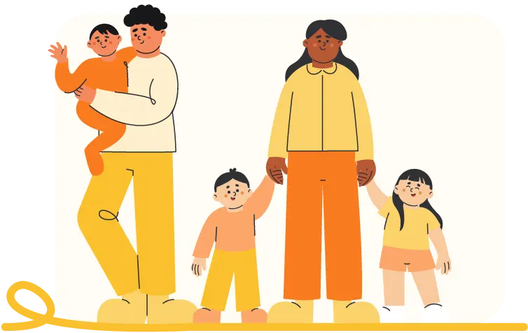 illustration af to forældre med 3 børn, der går