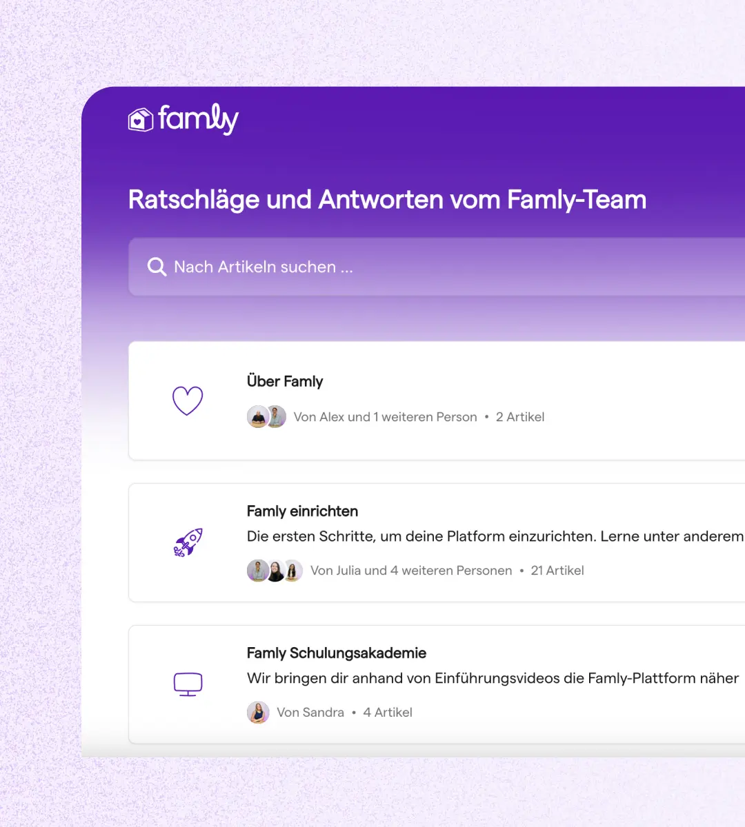 Startseite des Famly-Hilfecenters mit Suchfeld und Artikelkategorien vom Famly-Team