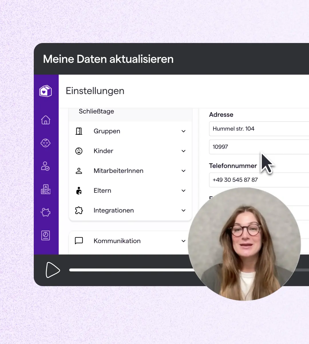 Video-Tutorial „Meine Daten aktualisieren“ mit den Einstellungen der Famly-Plattform und Moderatorin