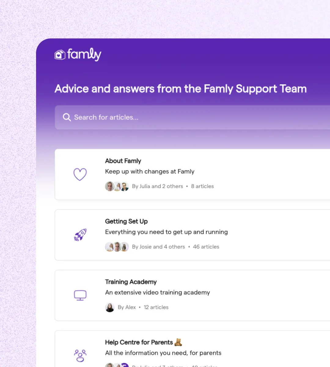 The Famly Help Centre homepage with a search bar and article categories from the support team