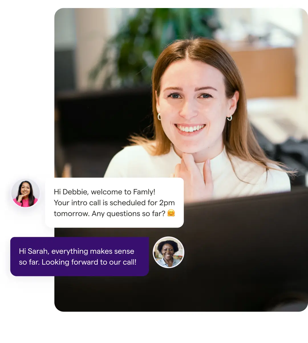 A smiling Famly team member at a laptop, with onboarding chat messages between her and a customer