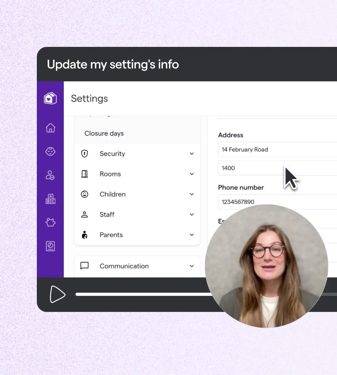 Video tutorial "Update my setting's info" showing the Famly settings screen with a presenter