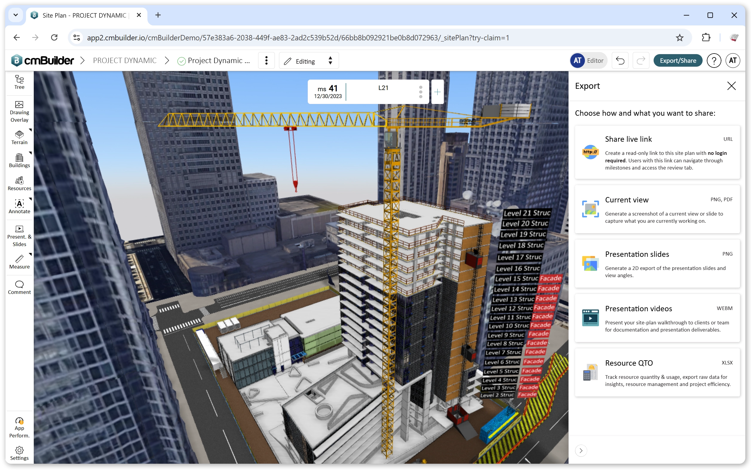 Share and export your site simulation using cmBuilder.io