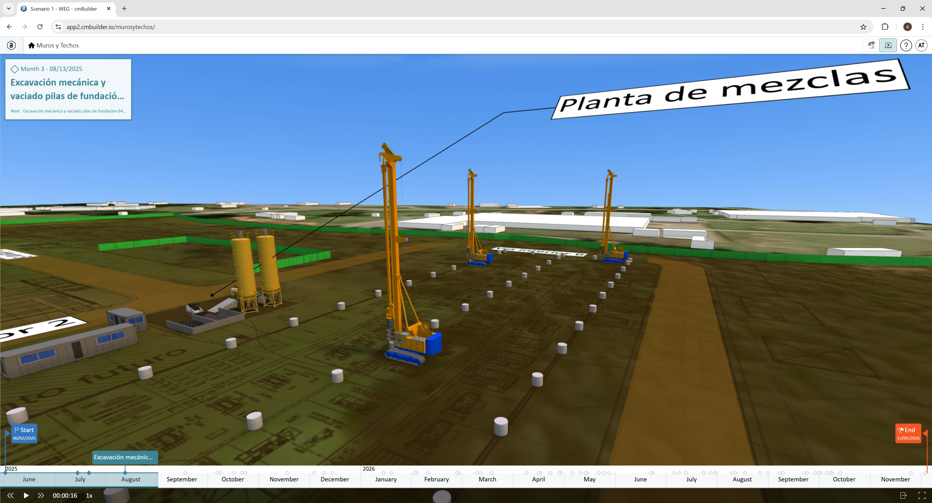 Site logistics and 4D planning by Muros y Techos using cmBuilder.io platform