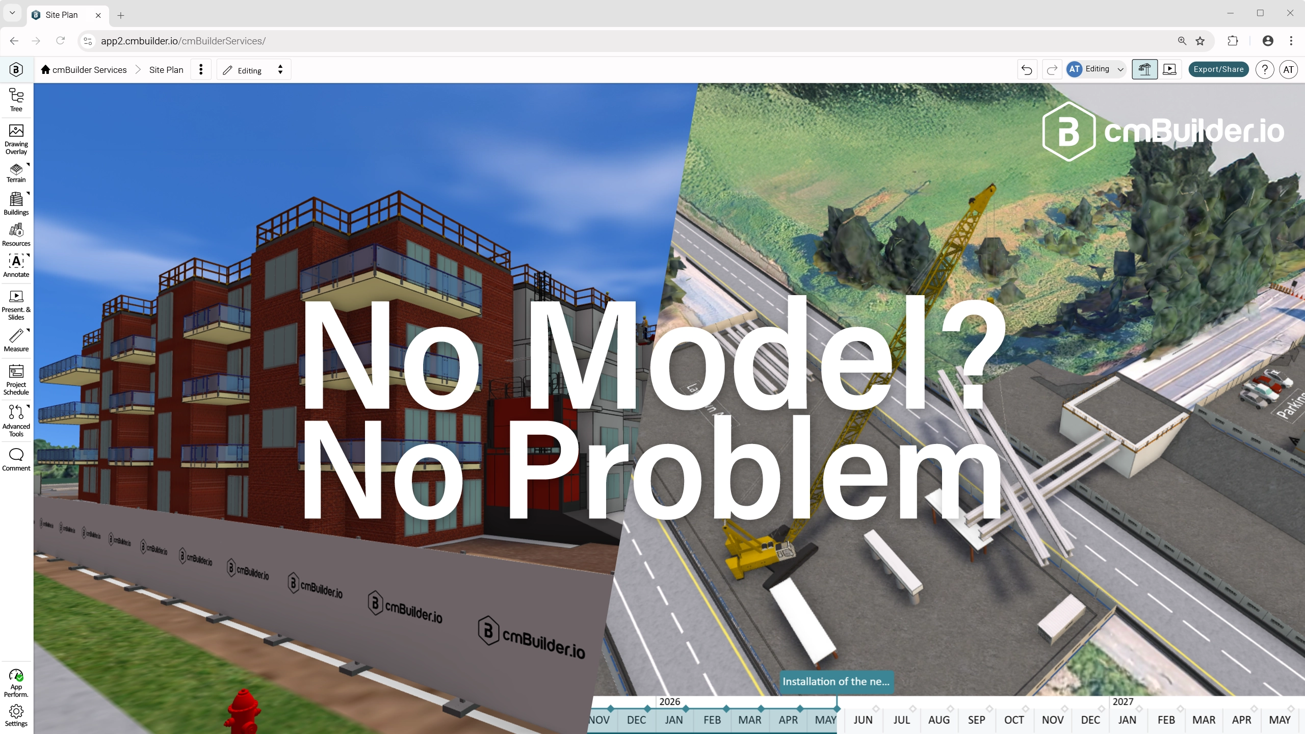 Create powerful 4D site logistics simulations in cmBuilder—no BIM needed. Start from 2D drawings, build in 3D, and link to your schedule for smarter planning.