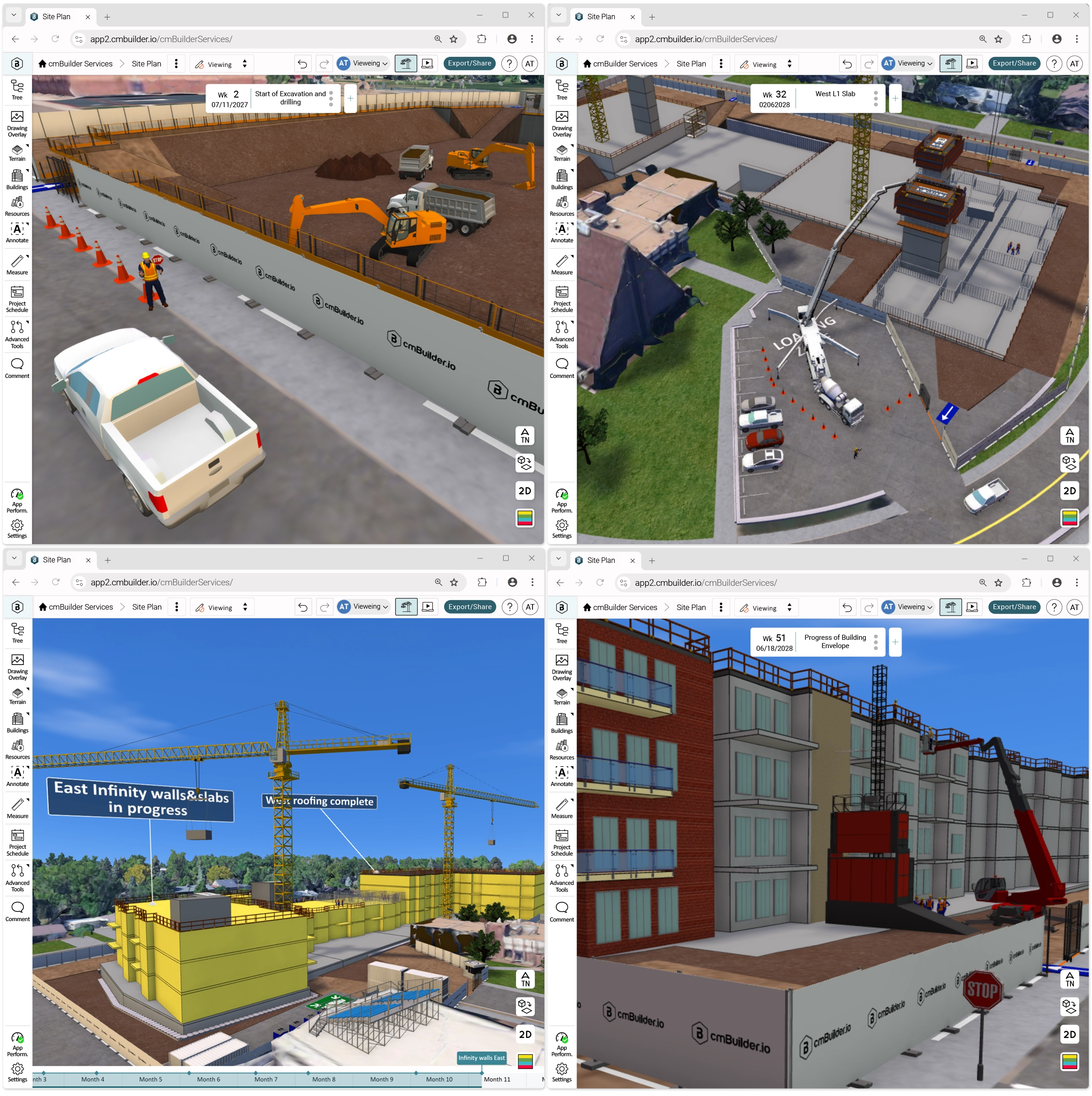 3D site model built from scratch in cmBuilder.io, showing the full construction process from excavation to project completion.