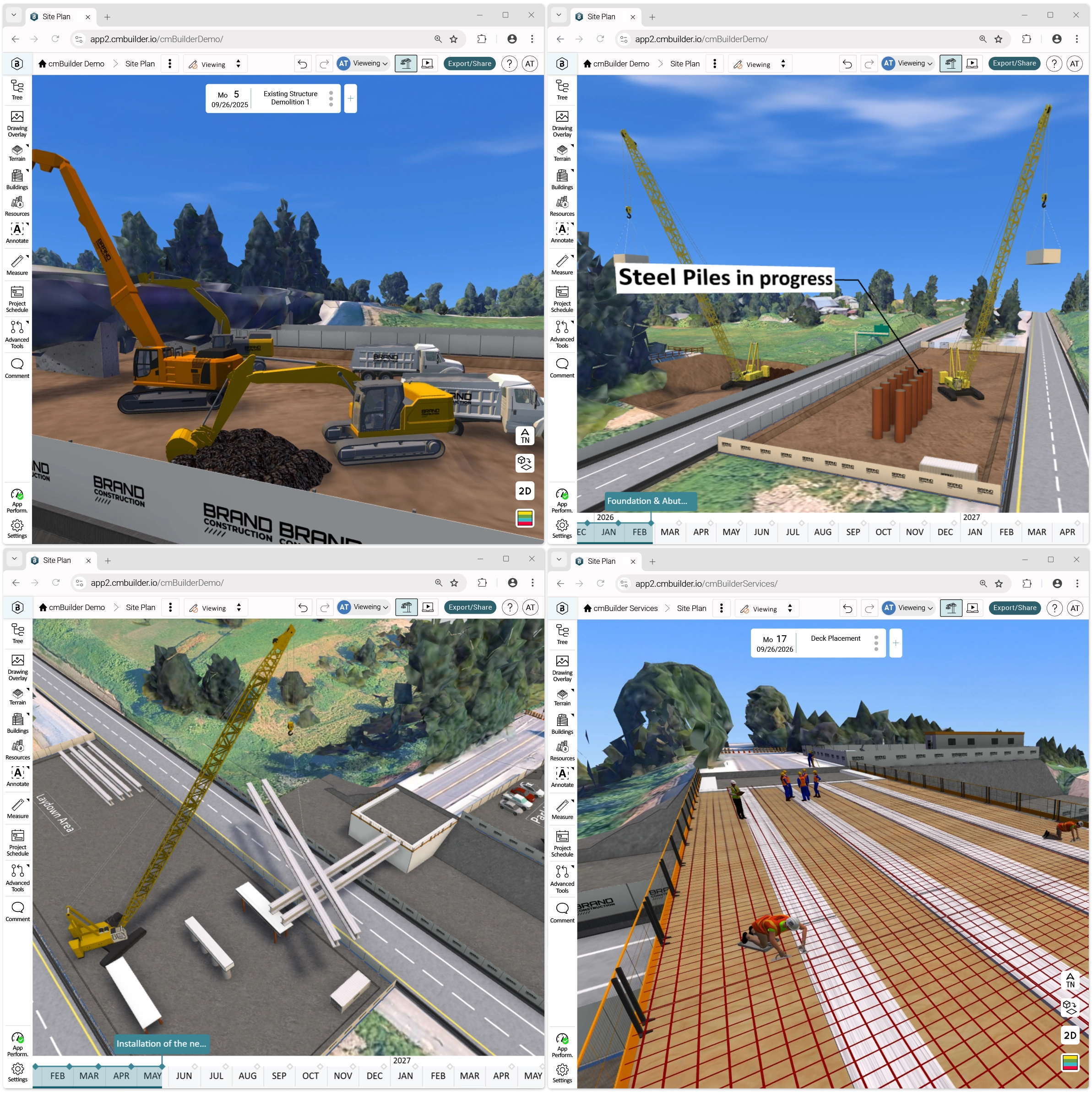 4D construction modeling in cmBuilder.io, showing the entire project lifecycle from excavation to completion.