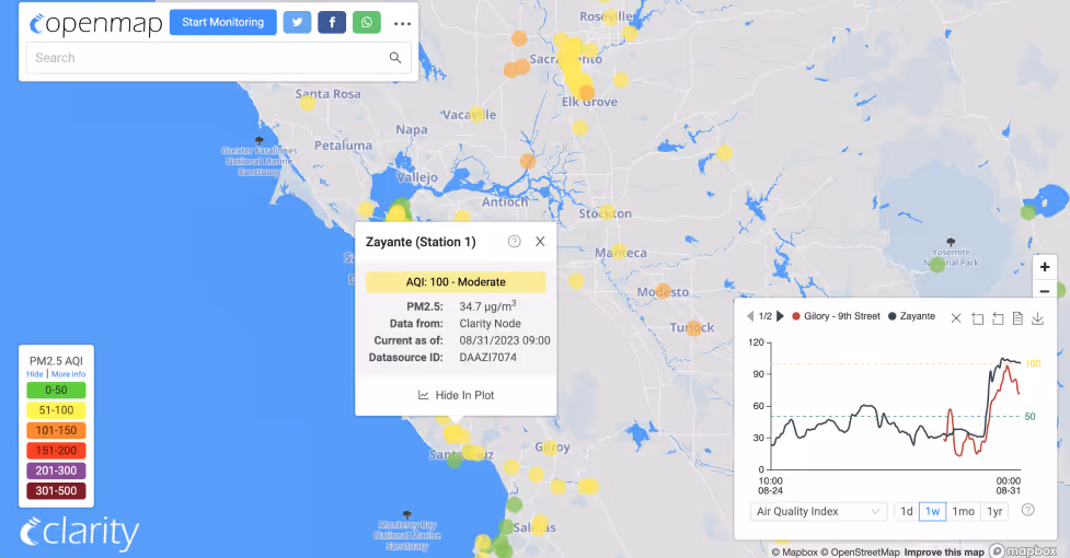 OpenMap, Clarity's publicly available platform to visualize PM2.5 and Air Quality Index around the world in real time