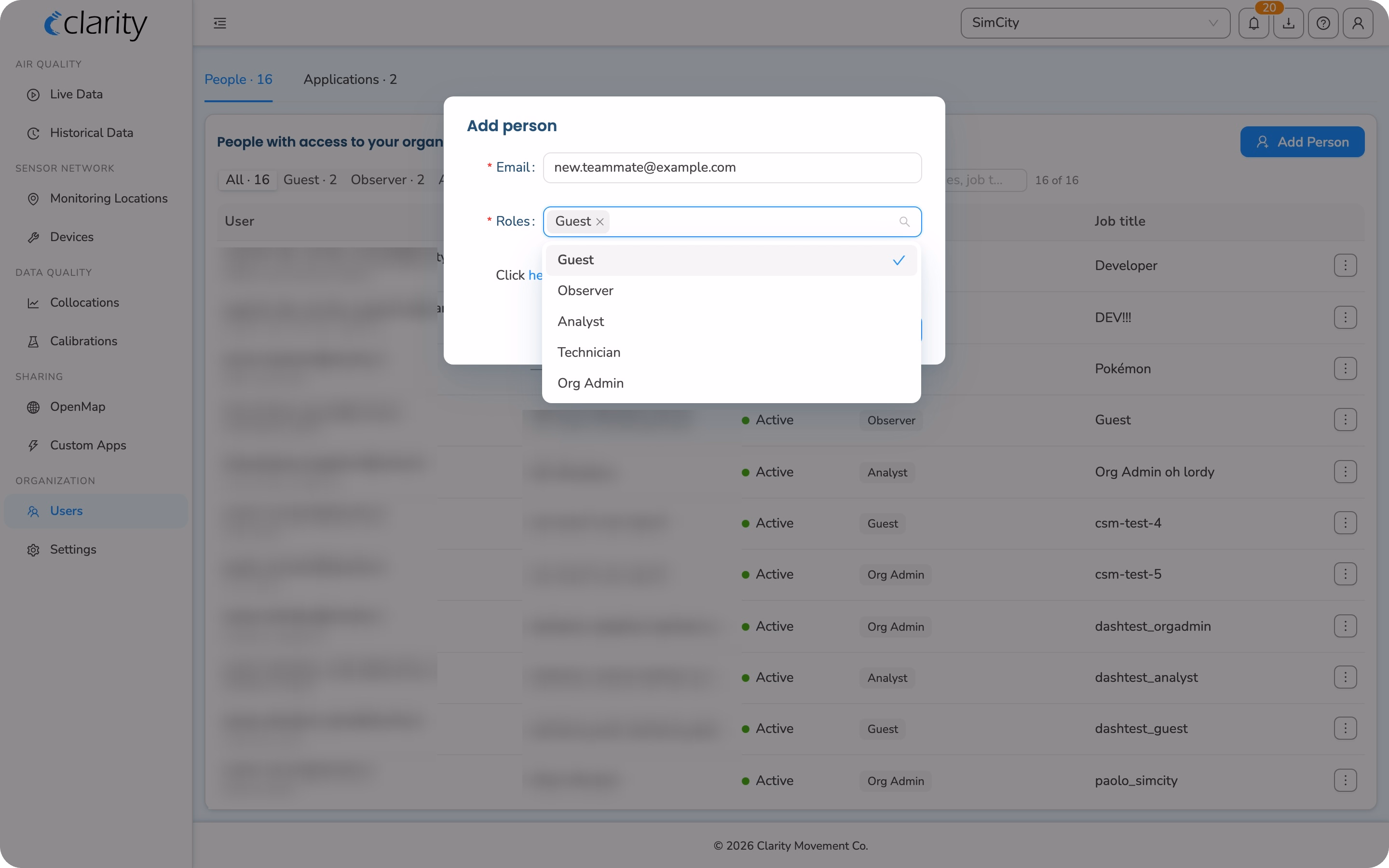 Clarity air quality monitoring dashboard user access screen assigning roles and permissions for Org Admin, Technician, Analyst, Observer, and Guest