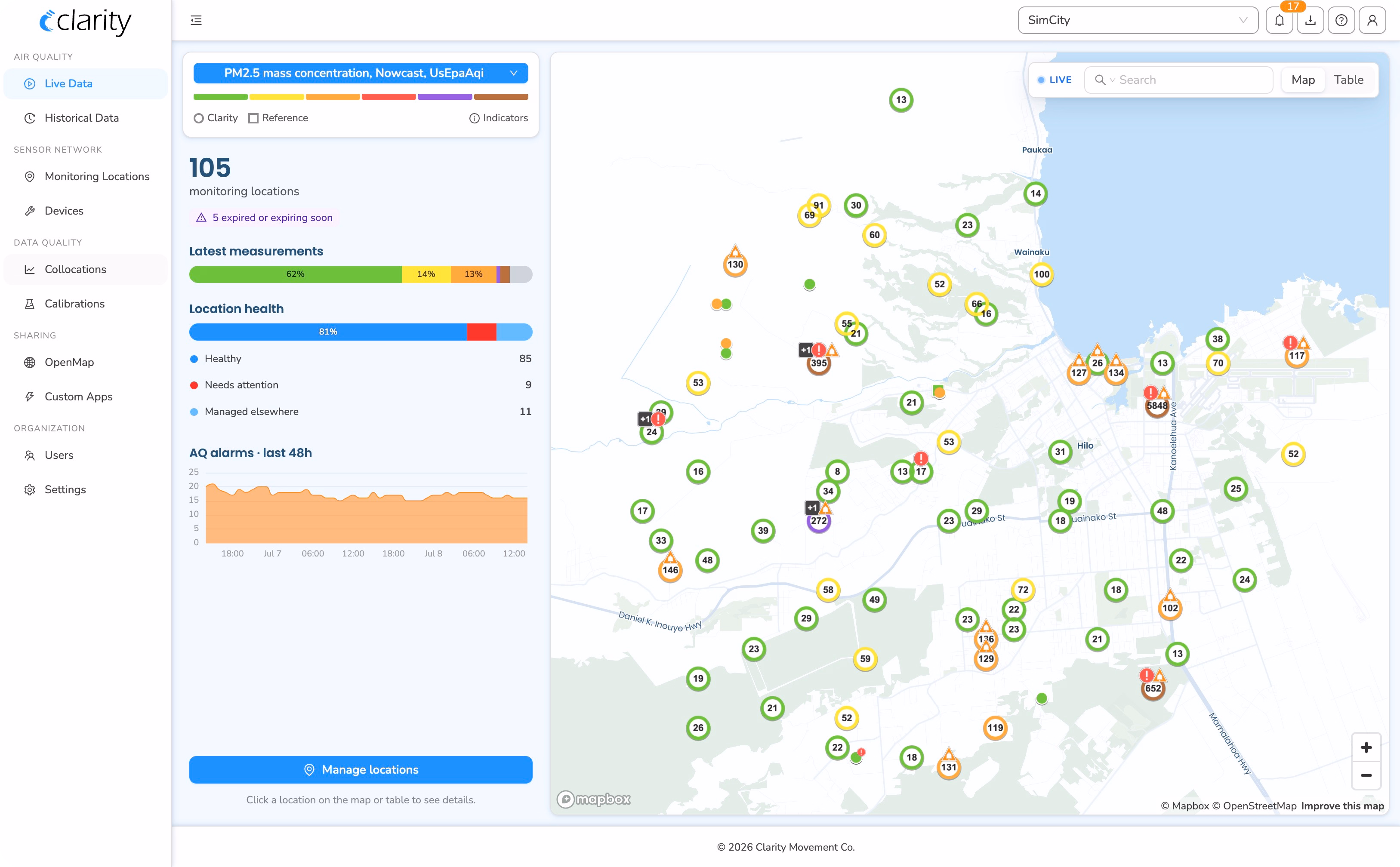 Clarity air quality dashboard snapshot showing real-time PM2.5 and AQI from an outdoor air quality monitor network for ambient air quality monitoring