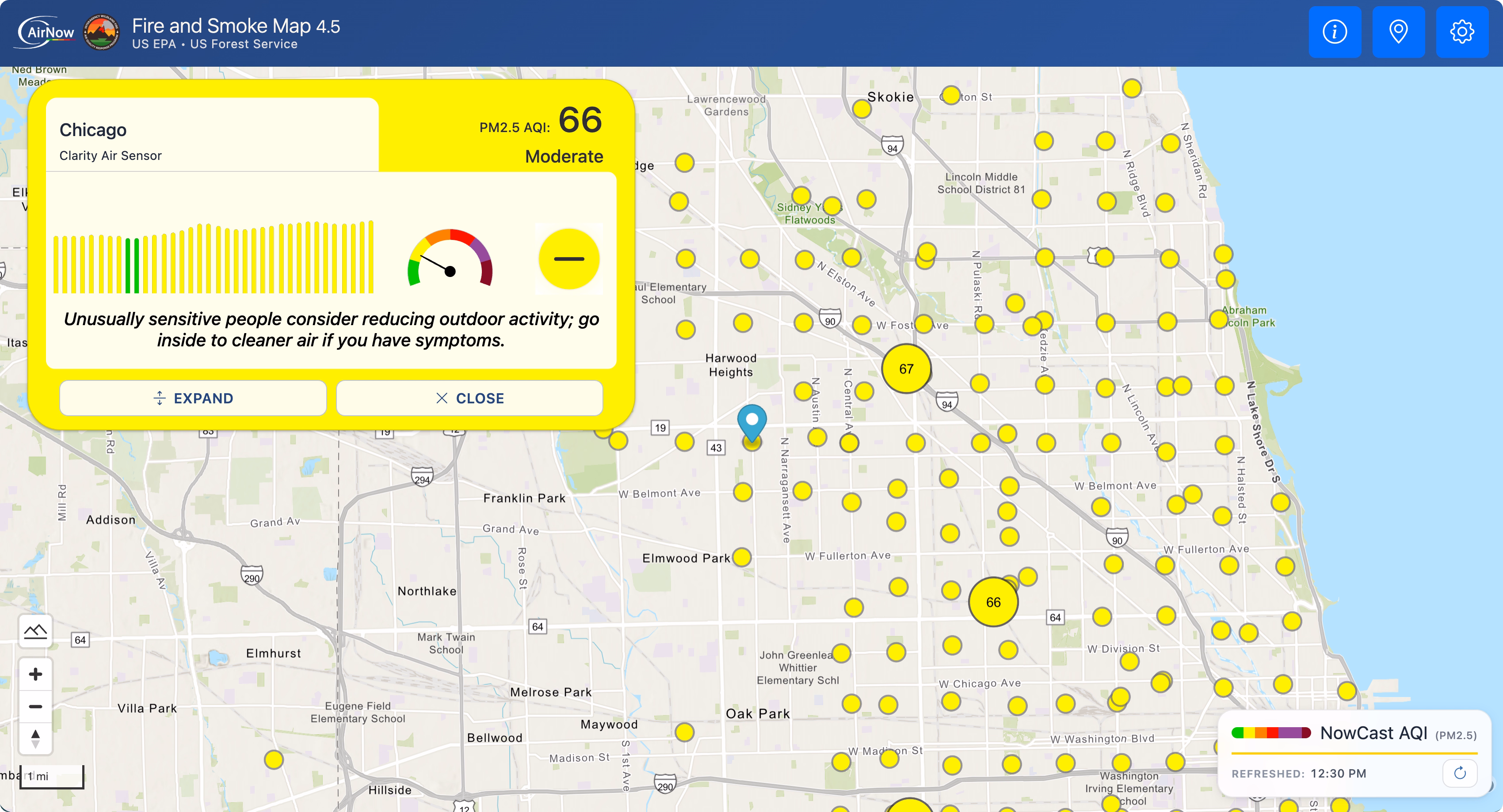 An image of the EPA's Fire and Smoke Map. Clarity sensors configured for open data sharing are automatically added to this map as part of Clarity's partnership with the US EPA.