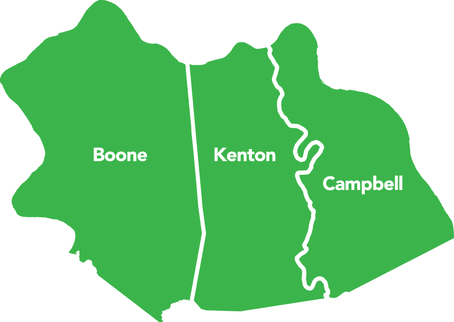 A simple map showing Boone, Kenton, and Campbell Counties