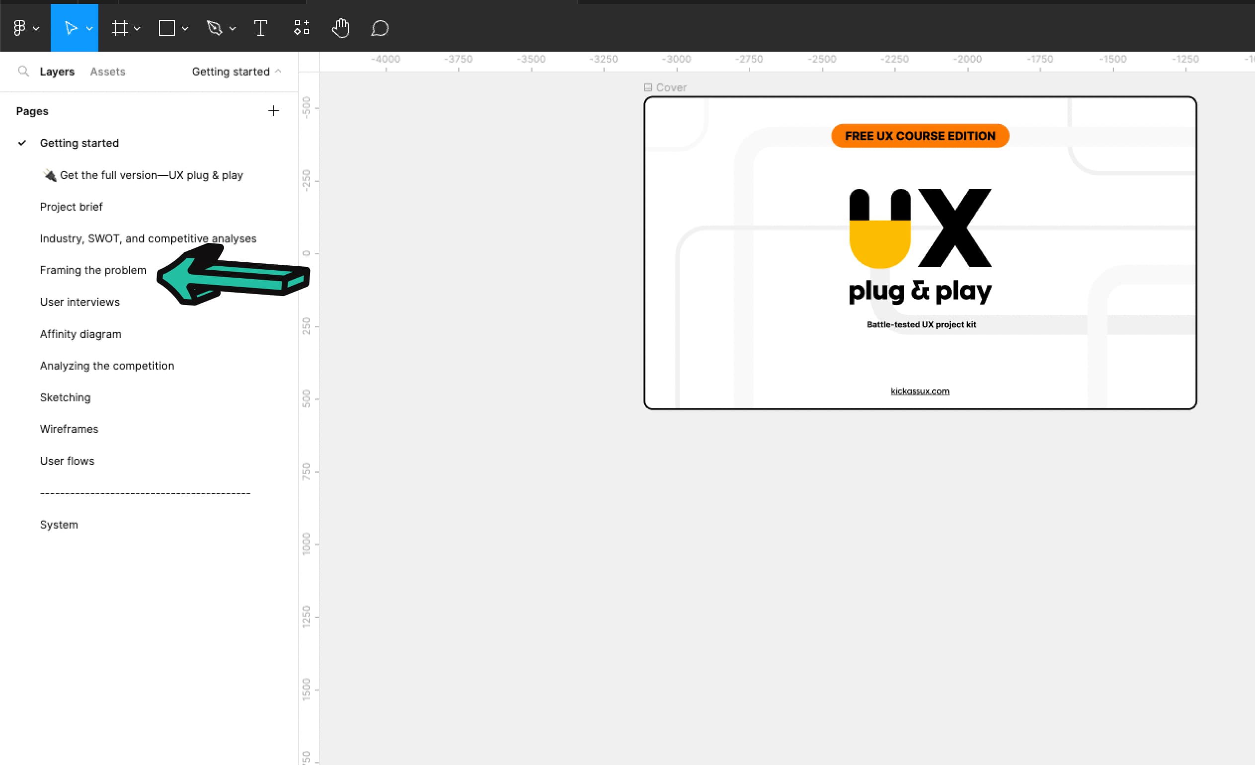 Image of our Figma workbook with an arrow pointing to the Framing the problem tab